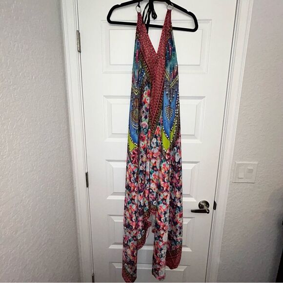 Halter Open Back Asymmetrical Sequins Embellished Mix Print Maxi Dress - Picture 5 of 12